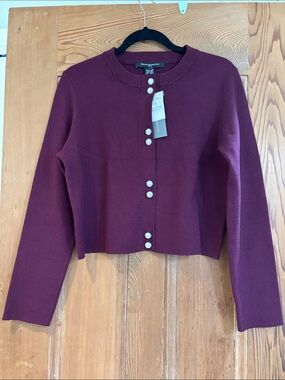 French Connection Pearl-Button Crewneck Cardigan in Deep Wine. Size Small  NWT